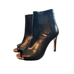 Ted Baker London Peep Toe Black Leather Heeled Booties w/‎ Rose Gold Bow Sz